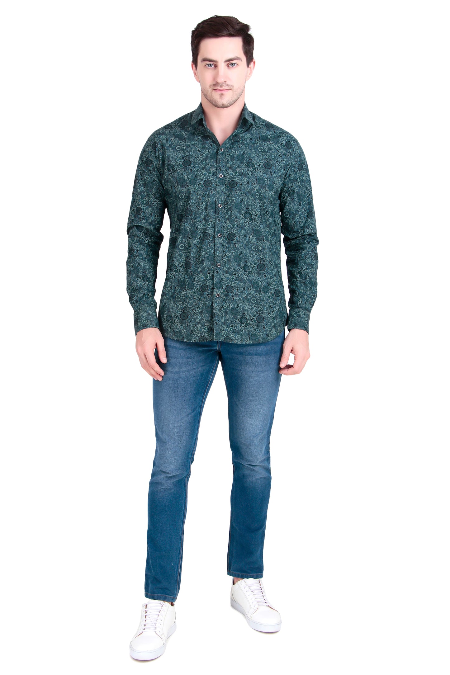 Regular Fit Green Floral Satin Shirt