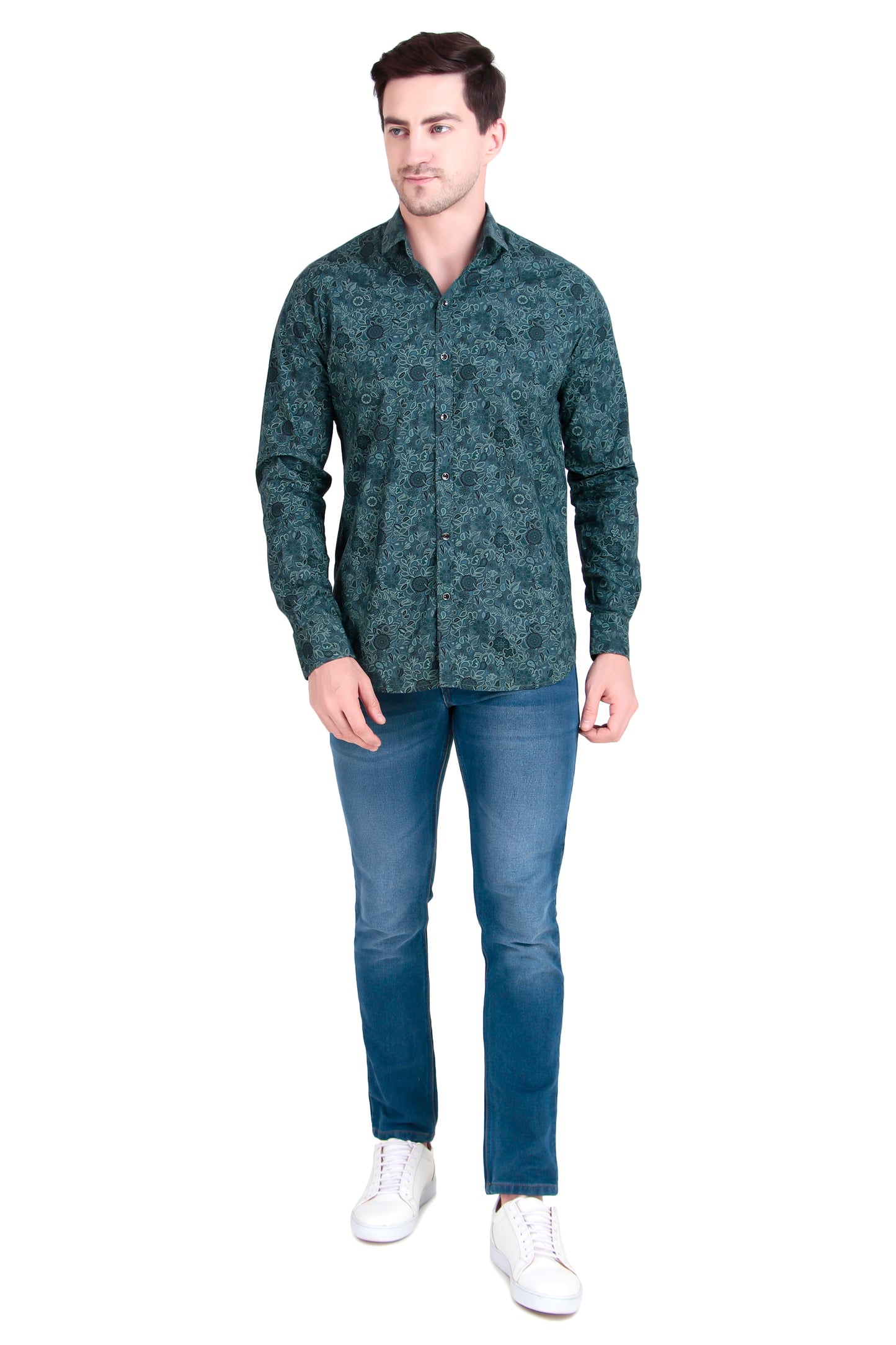 Regular Fit Green Floral Satin Shirt
