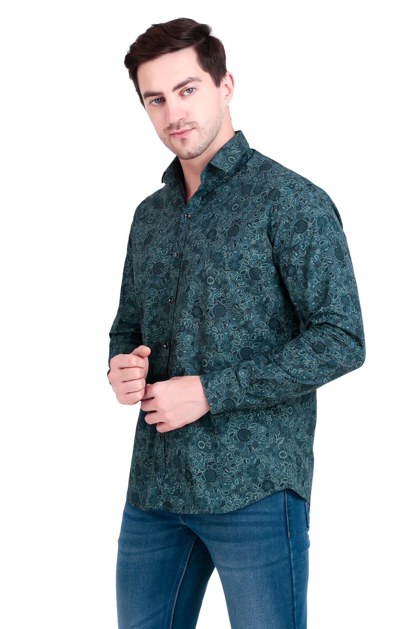 Regular Fit Green Floral Satin Shirt