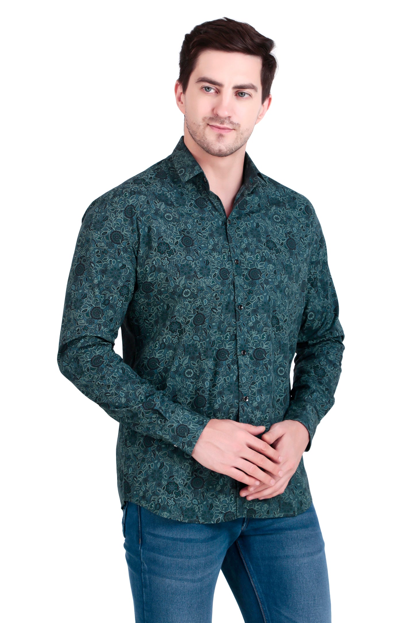 Regular Fit Green Floral Satin Shirt