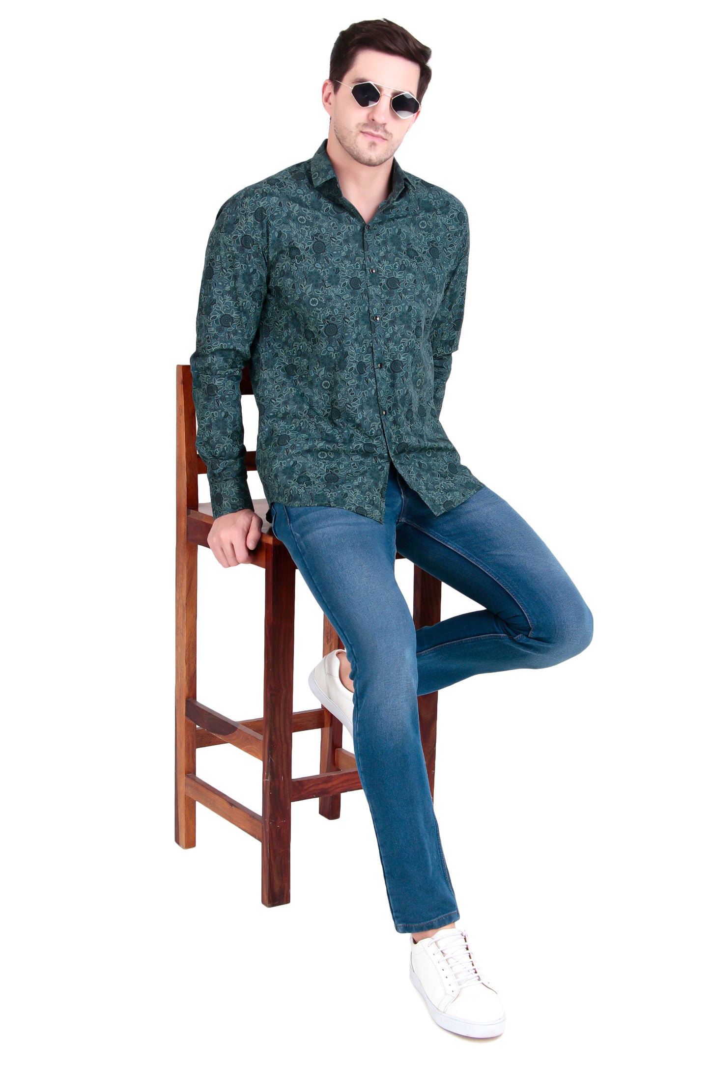 Regular Fit Green Floral Satin Shirt