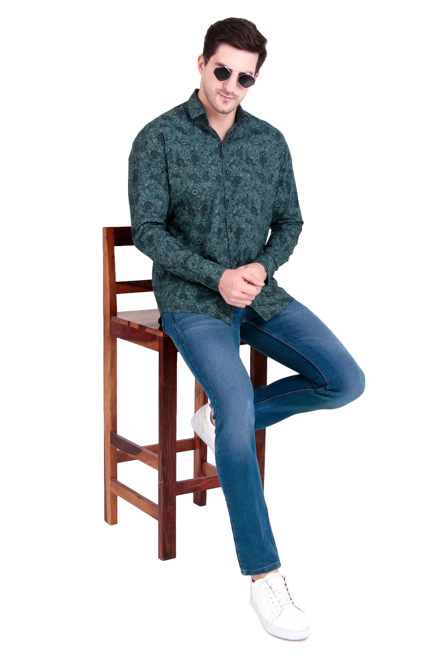 Regular Fit Green Floral Satin Shirt