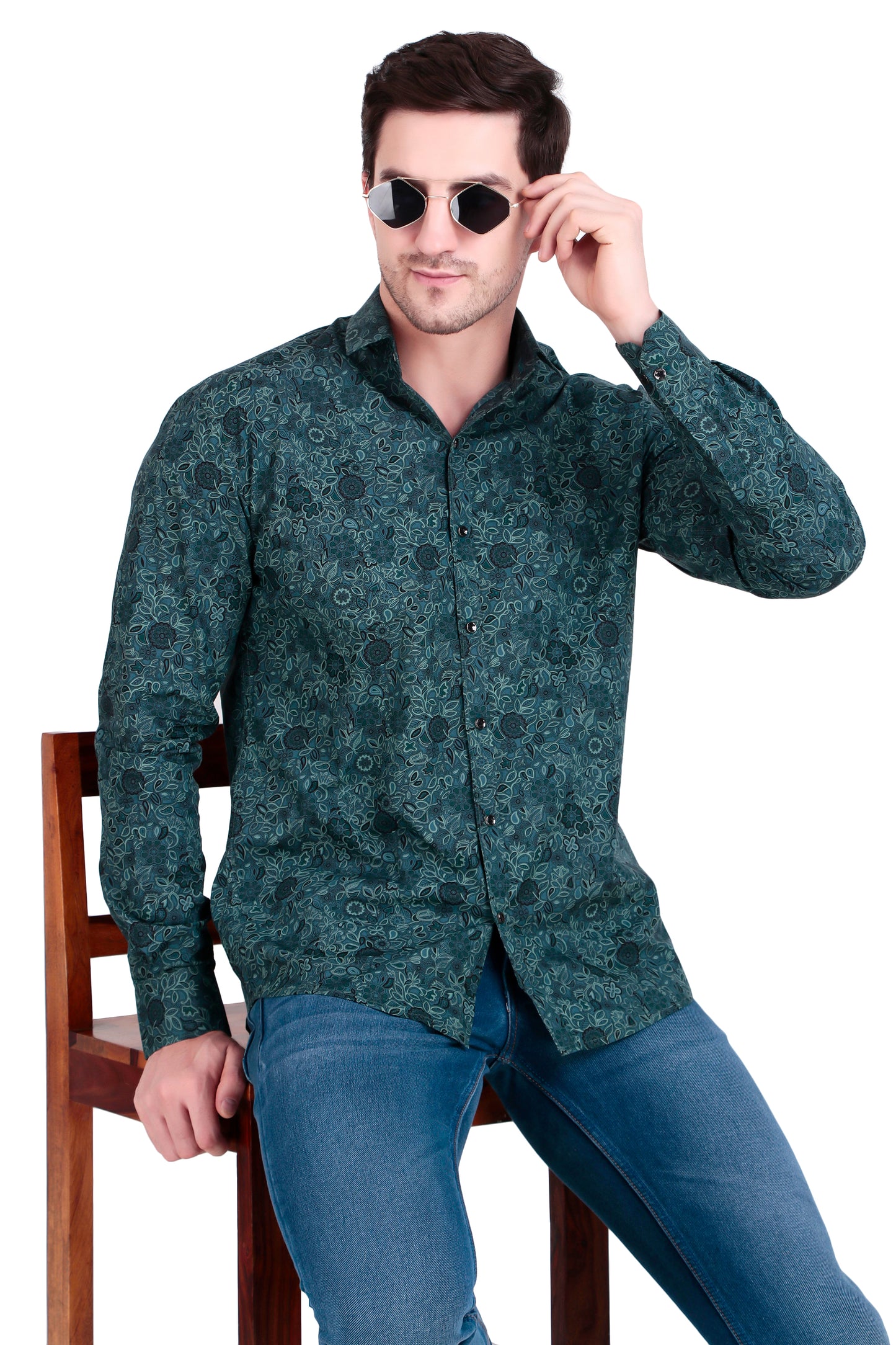 Regular Fit Green Floral Satin Shirt