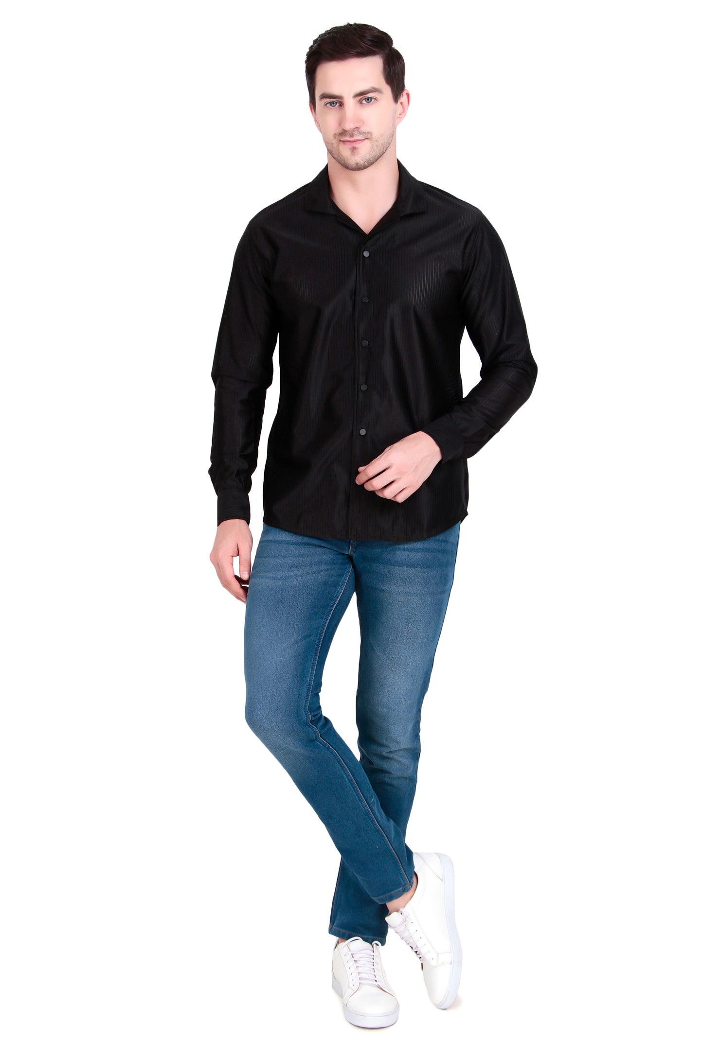 Code Textured Cuban Collar Black Shirt