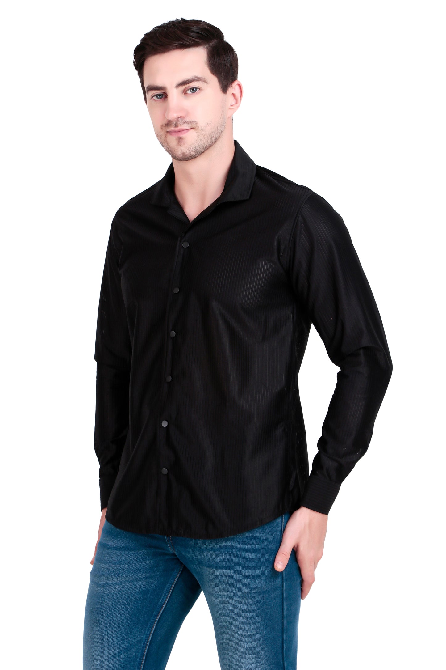Code Textured Cuban Collar Black Shirt
