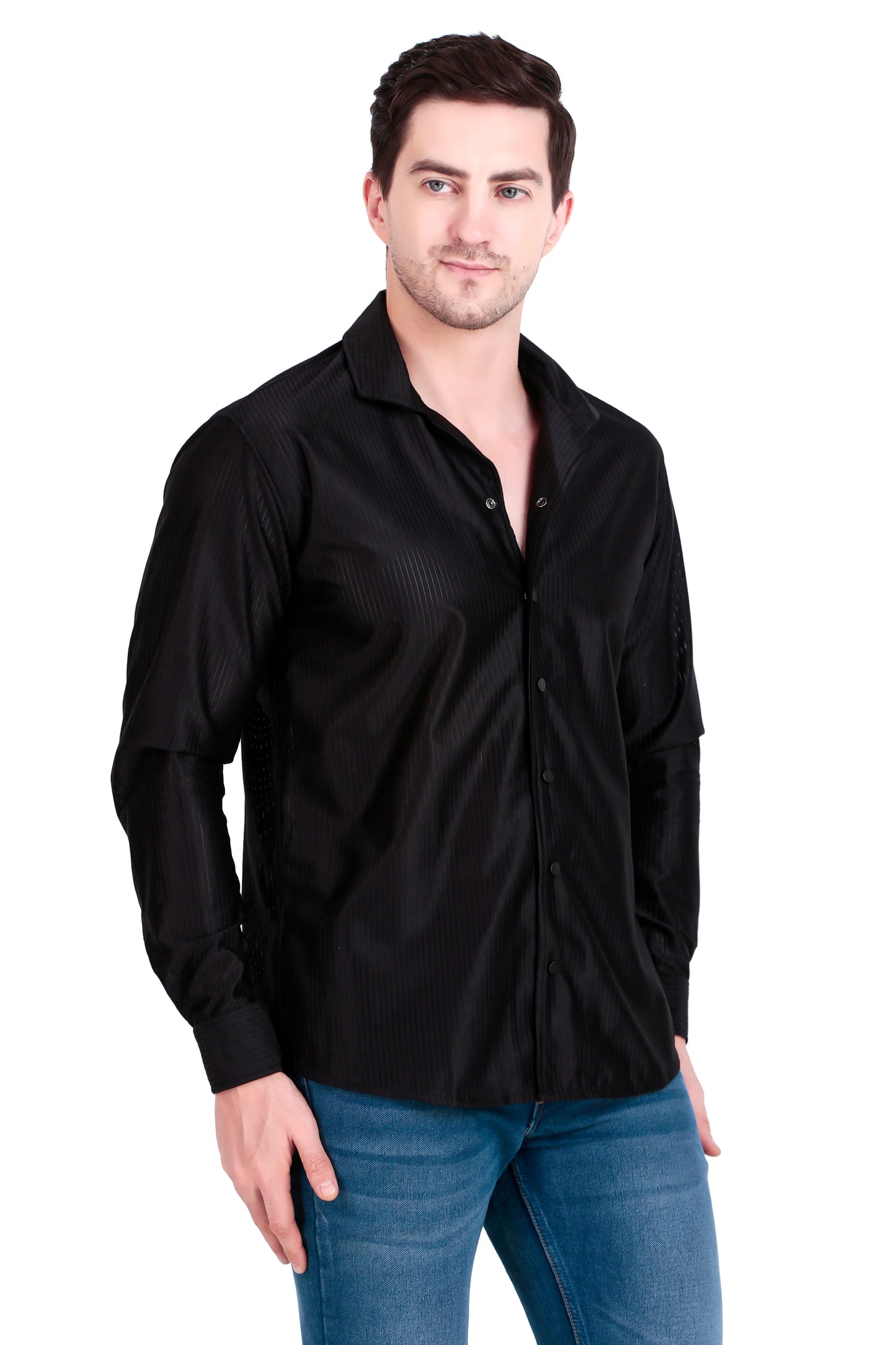 Code Textured Cuban Collar Black Shirt