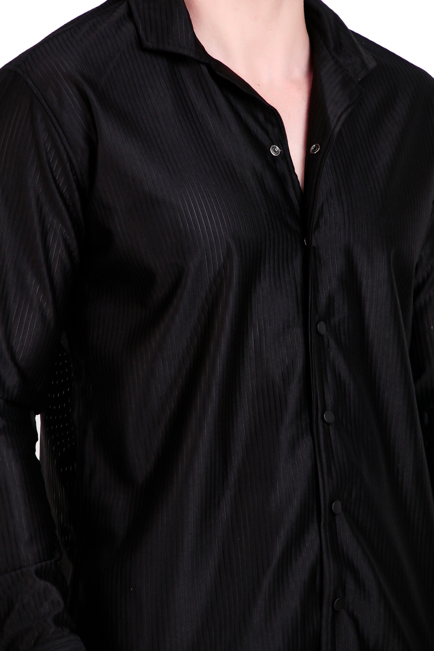 Code Textured Cuban Collar Black Shirt