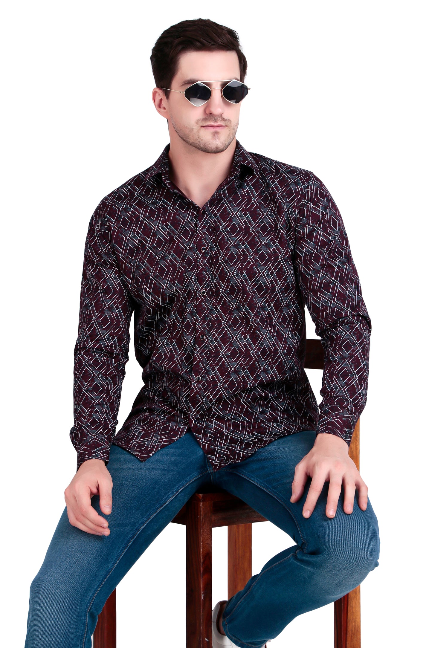 Men’s Wine Satin Shirt with Criss-Cross Print with Regular Fit
