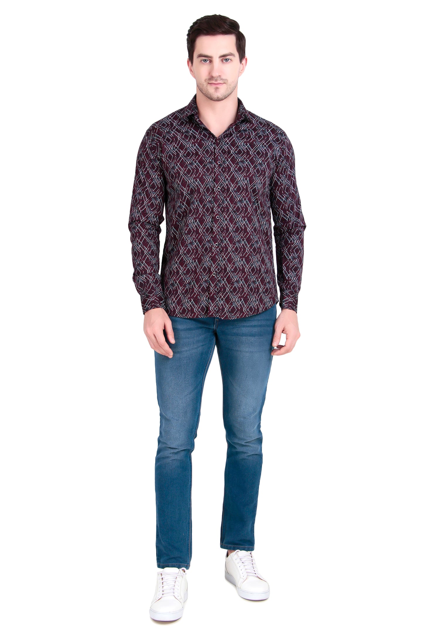 Men’s Wine Satin Shirt with Criss-Cross Print with Regular Fit