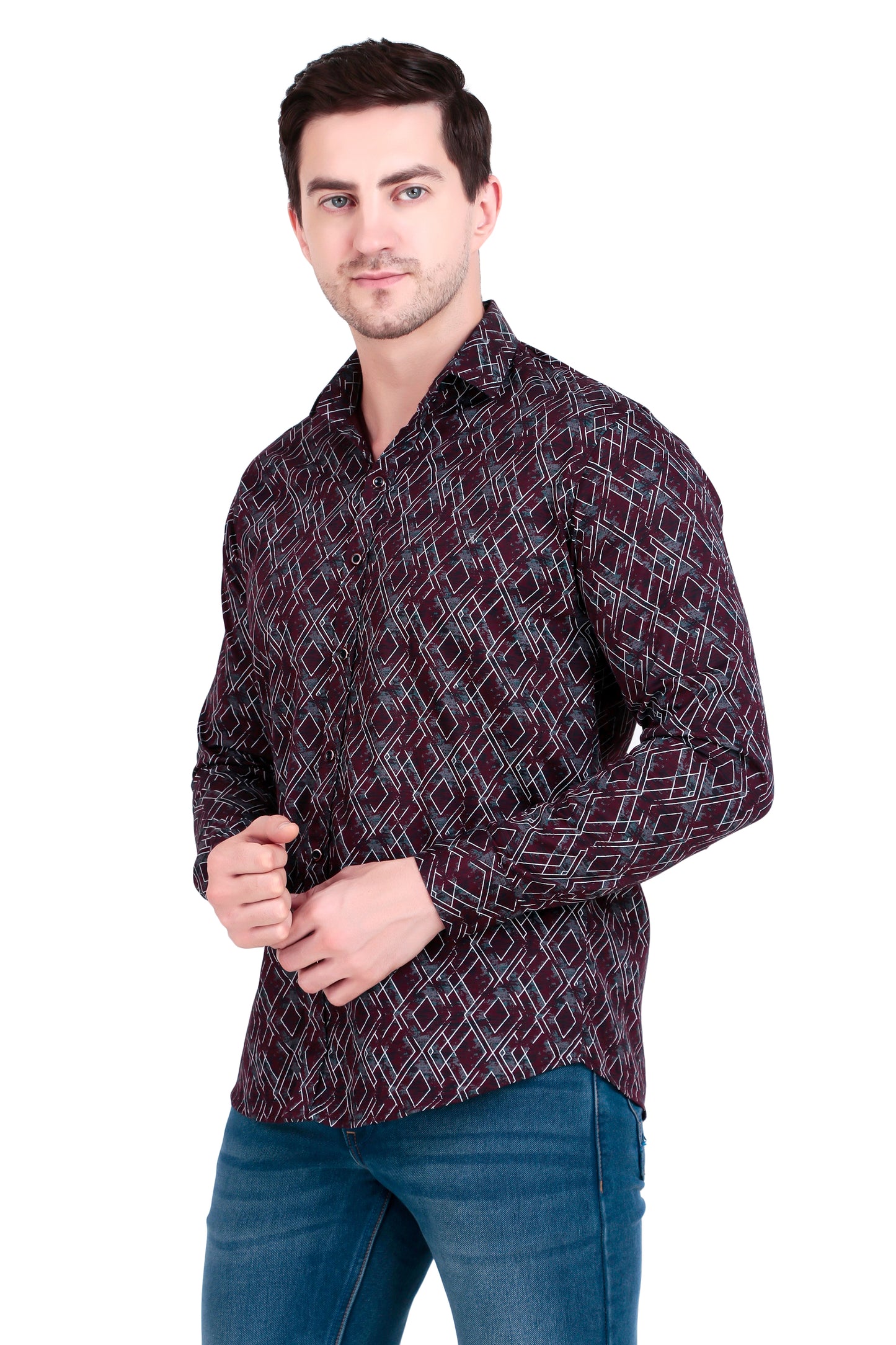 Men’s Satin Shirt with Criss-Cross Print with Regular Fit