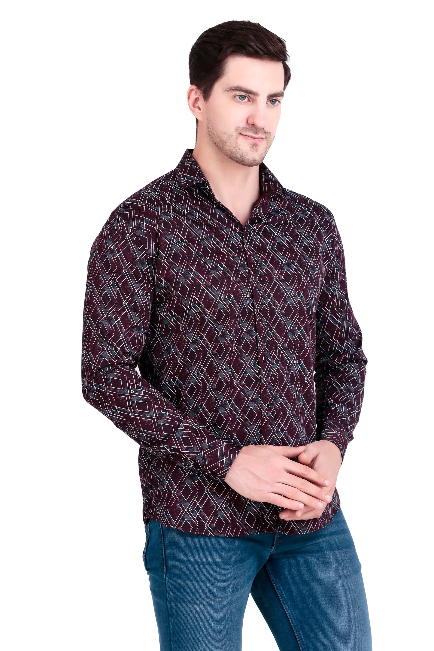 Men’s Satin Shirt with Criss-Cross Print with Regular Fit