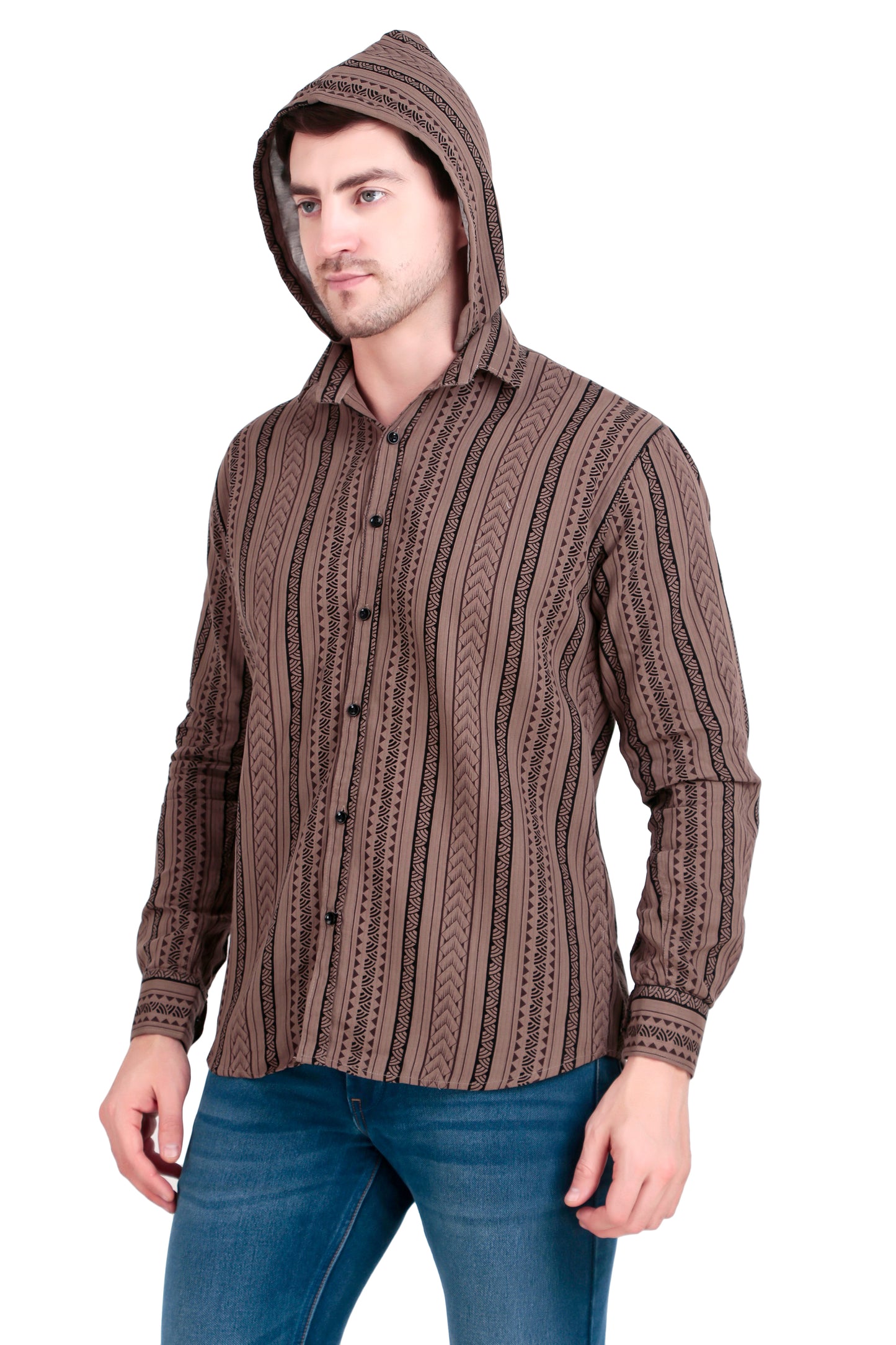 Men's Brown Cotton Striped Shirt With Detachable Hoodie