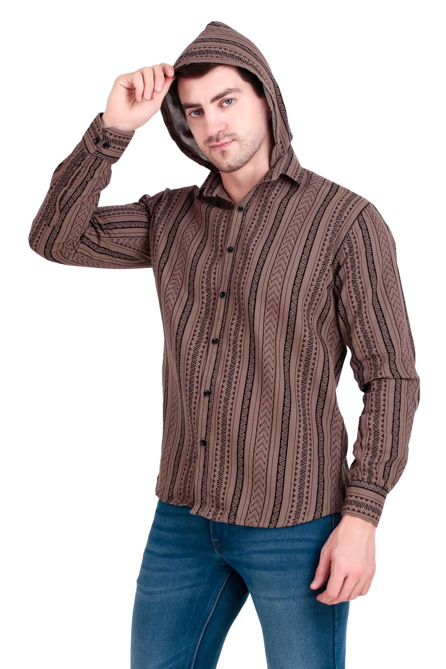 Men's Brown Cotton Striped Shirt With Detachable Hoodie