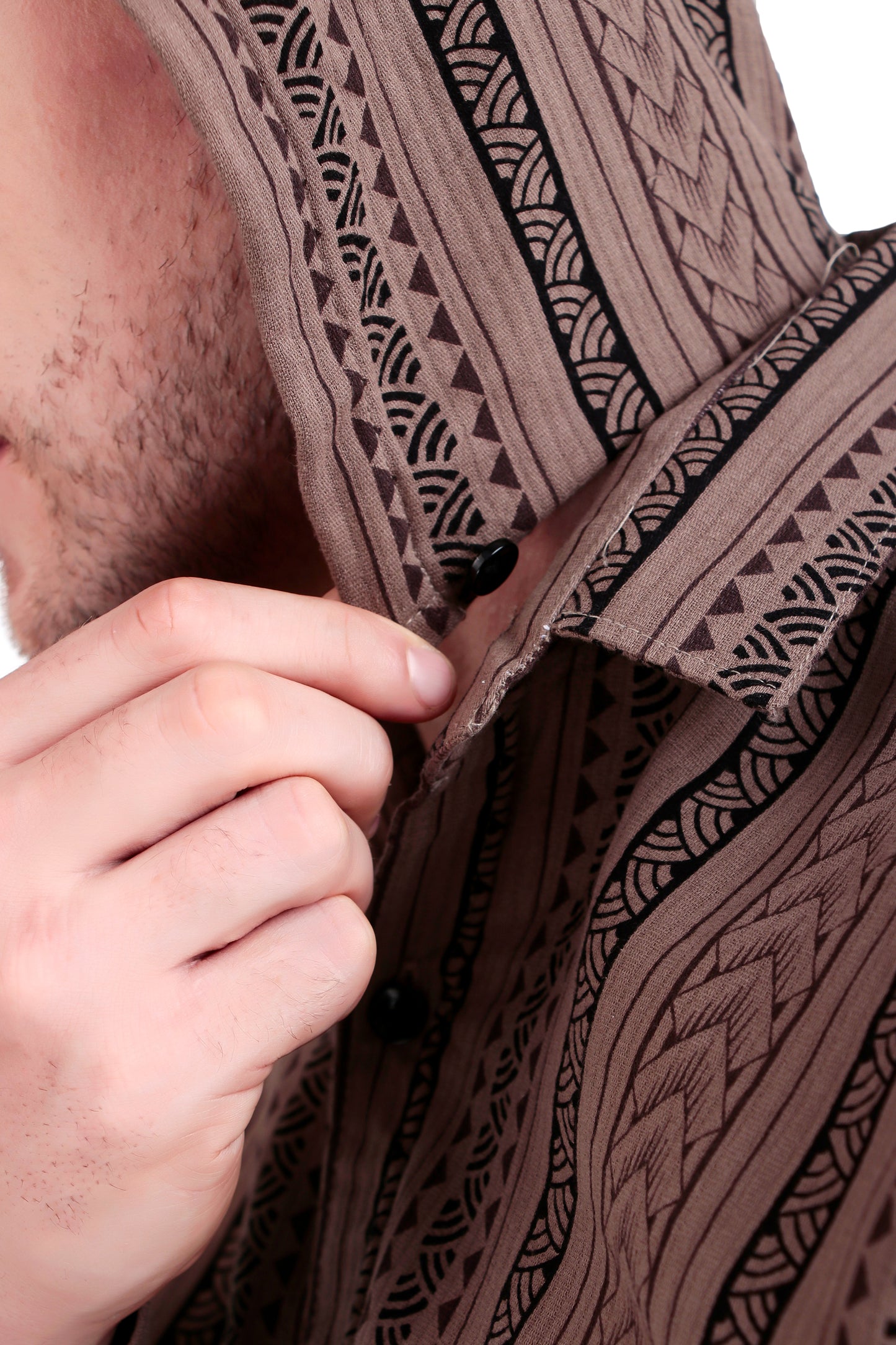 Men's Brown Cotton Striped Shirt With Detachable Hoodie