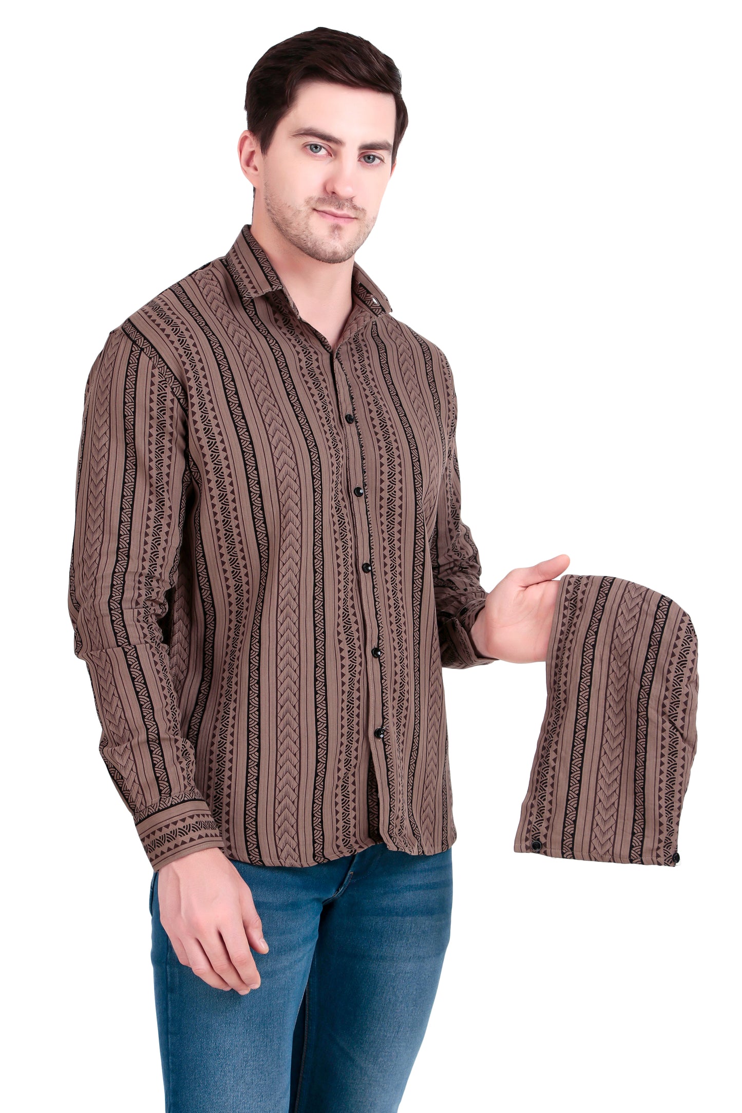 Men's Brown Cotton Striped Shirt With Detachable Hoodie