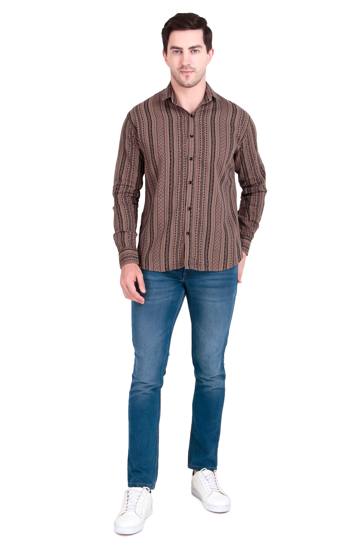 Men's Brown Cotton Striped Shirt With Detachable Hoodie