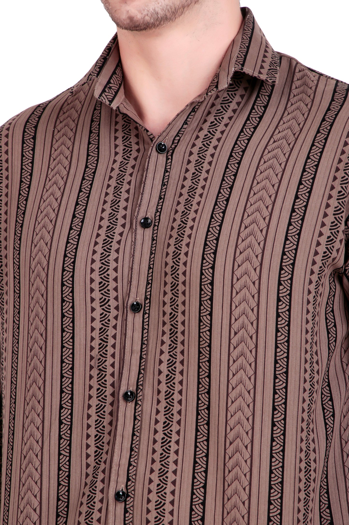Men's Brown Cotton Striped Shirt With Detachable Hoodie