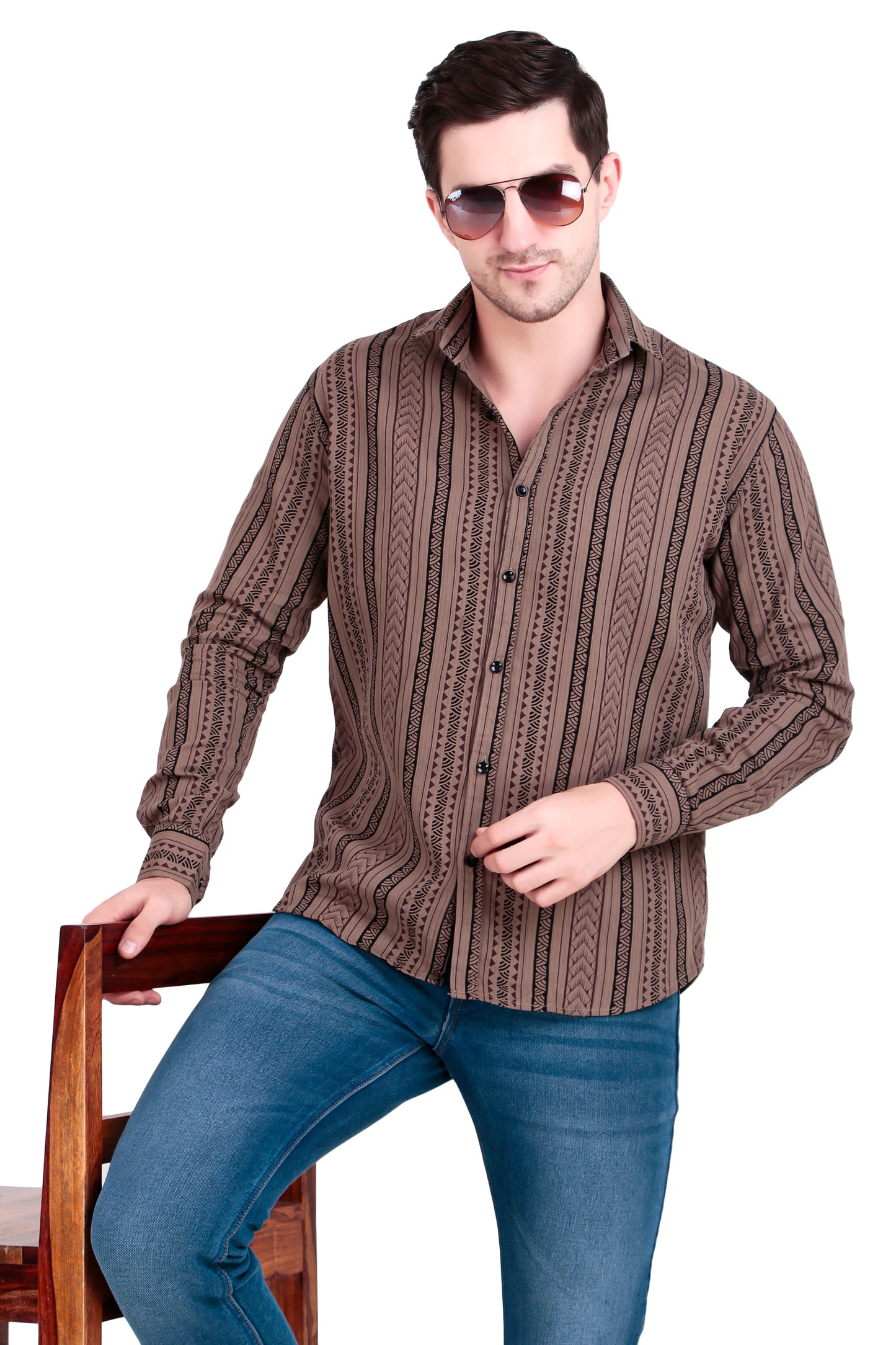 Men's Brown Cotton Striped Shirt With Detachable Hoodie