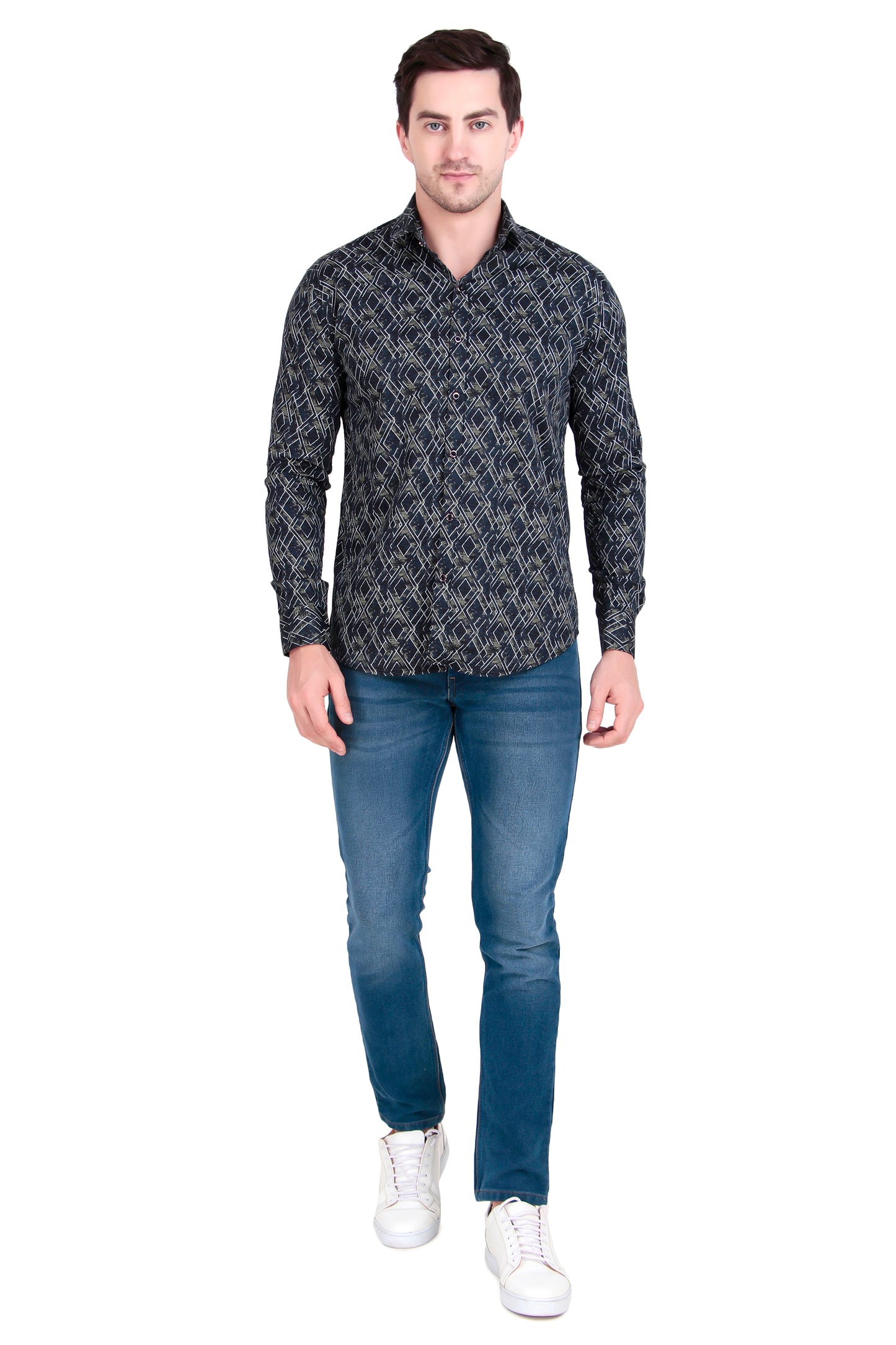 Men’s Satin Shirt with Criss-Cross Print with Regular Fit