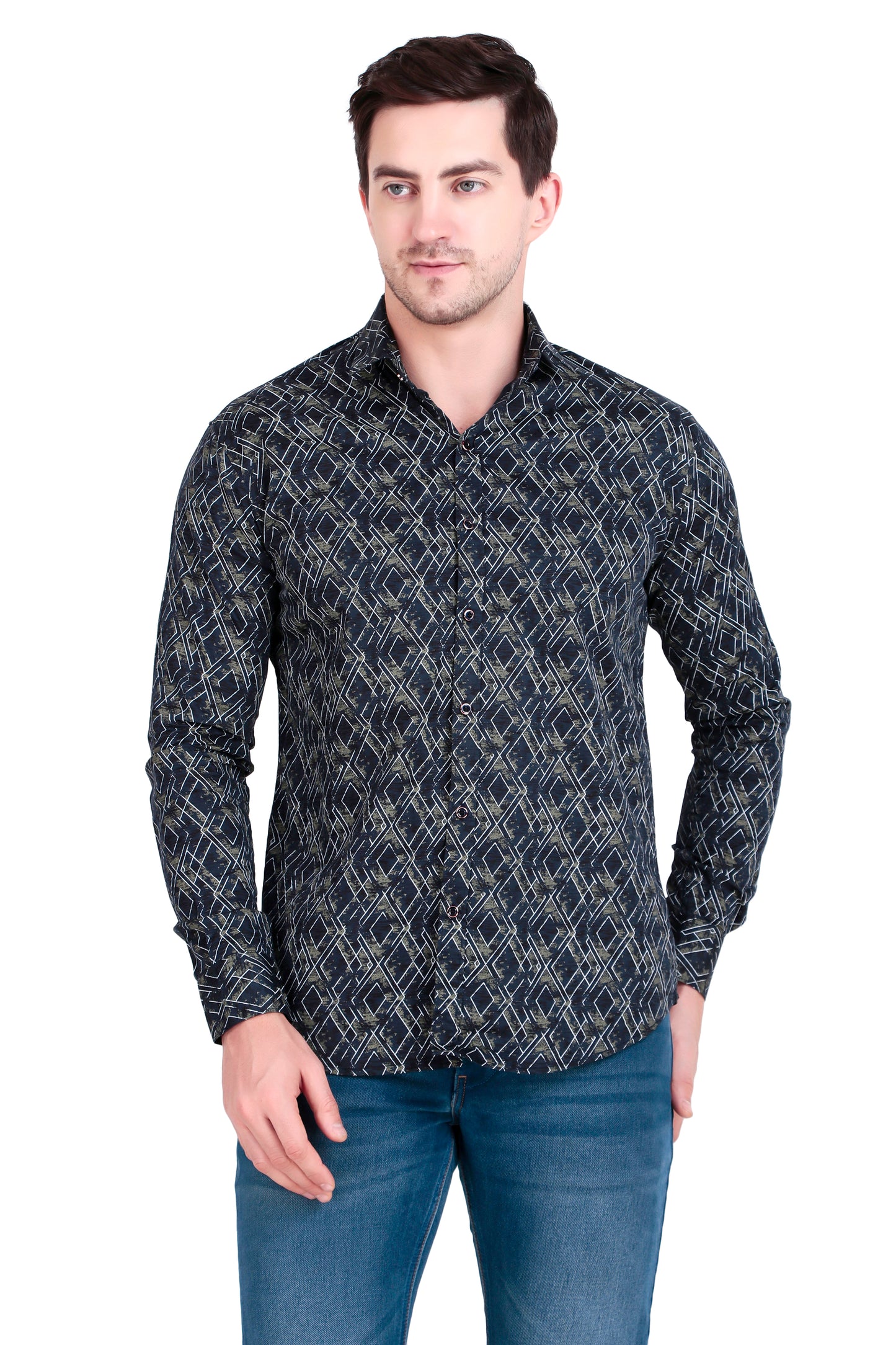 Men’s Satin Shirt with Criss-Cross Print with Regular Fit
