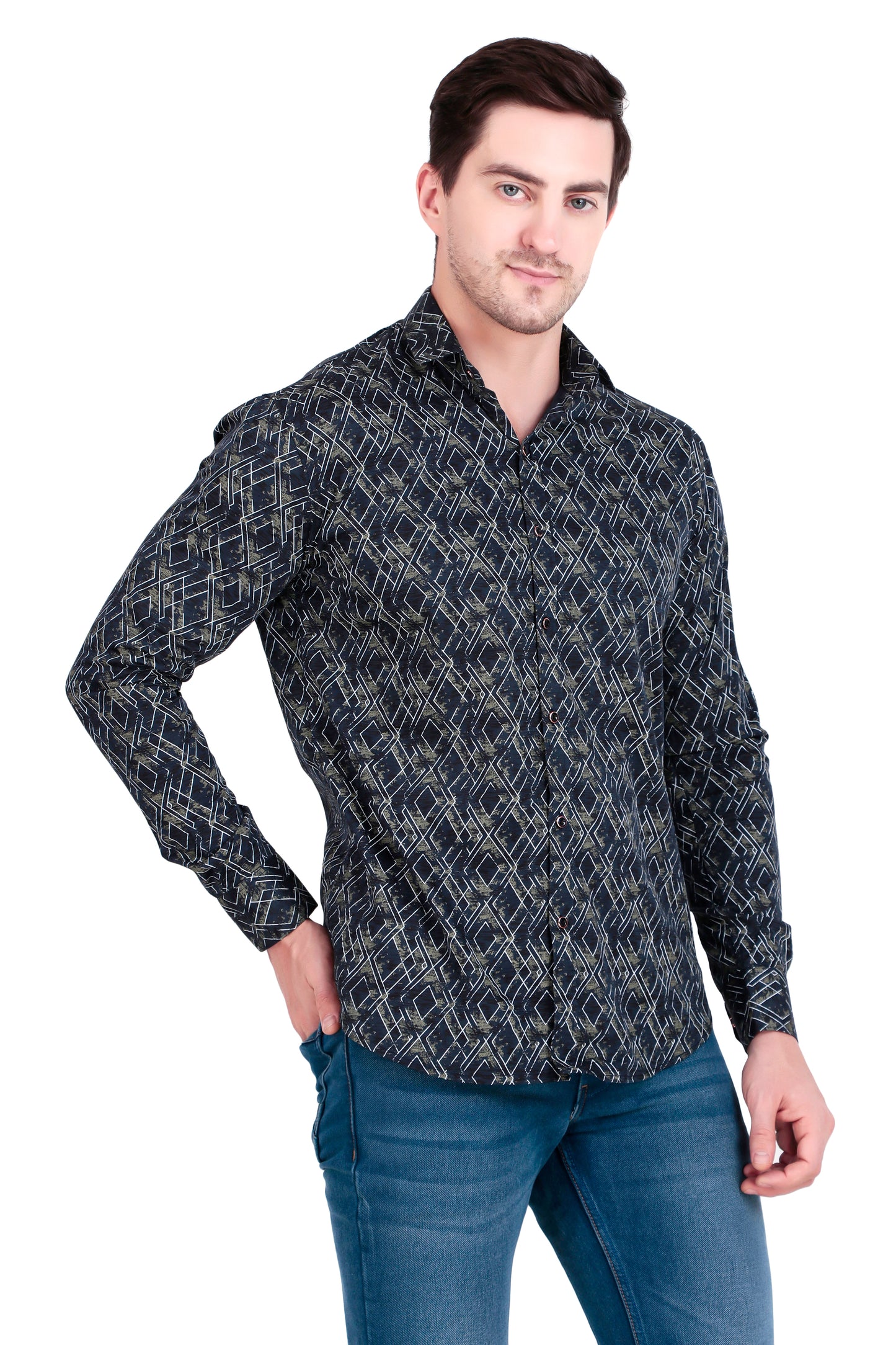 Men’s Satin Shirt with Criss-Cross Print with Regular Fit