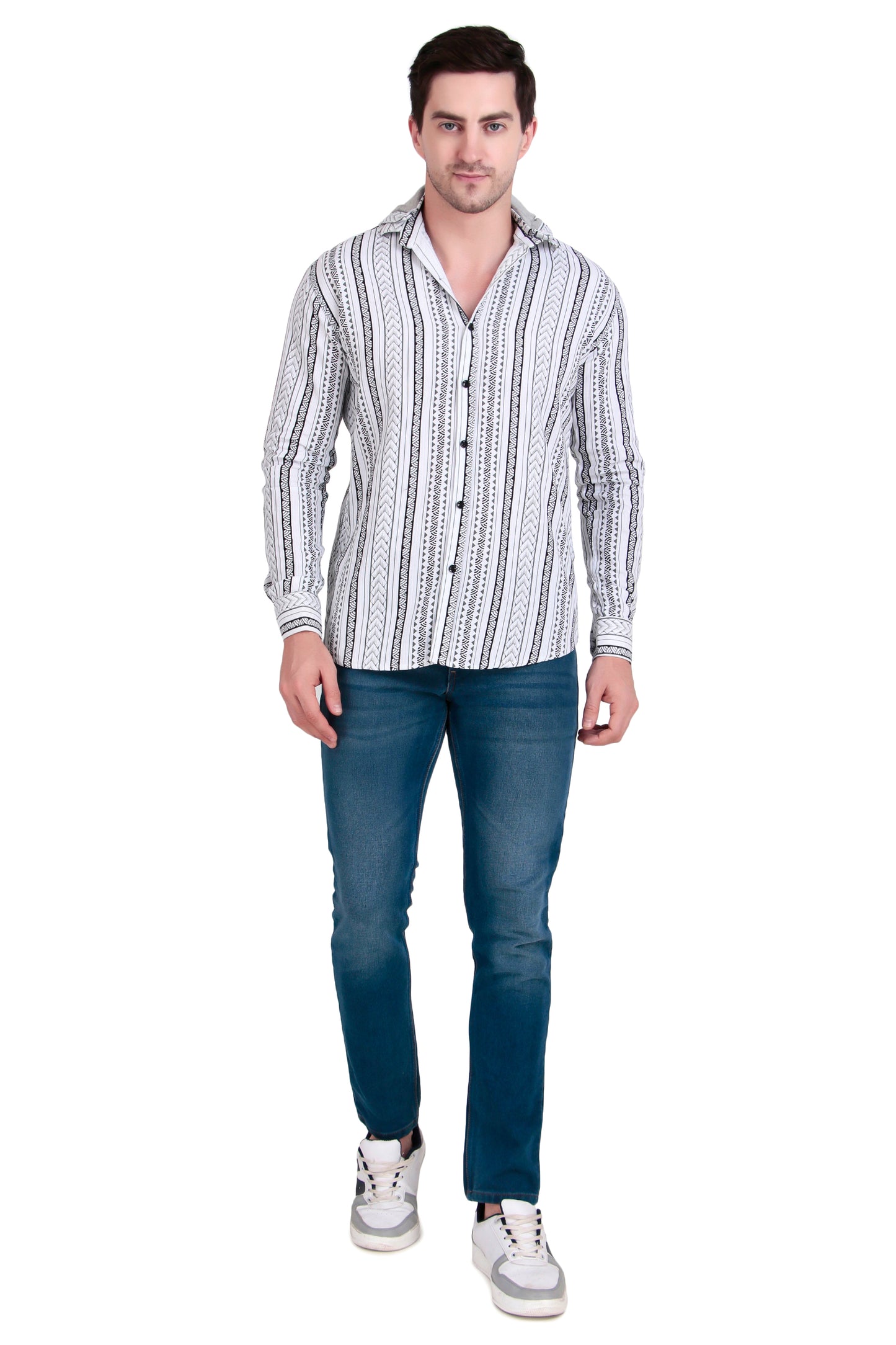 Men's marble white Cotton Striped Shirt With Detachable Hoodie