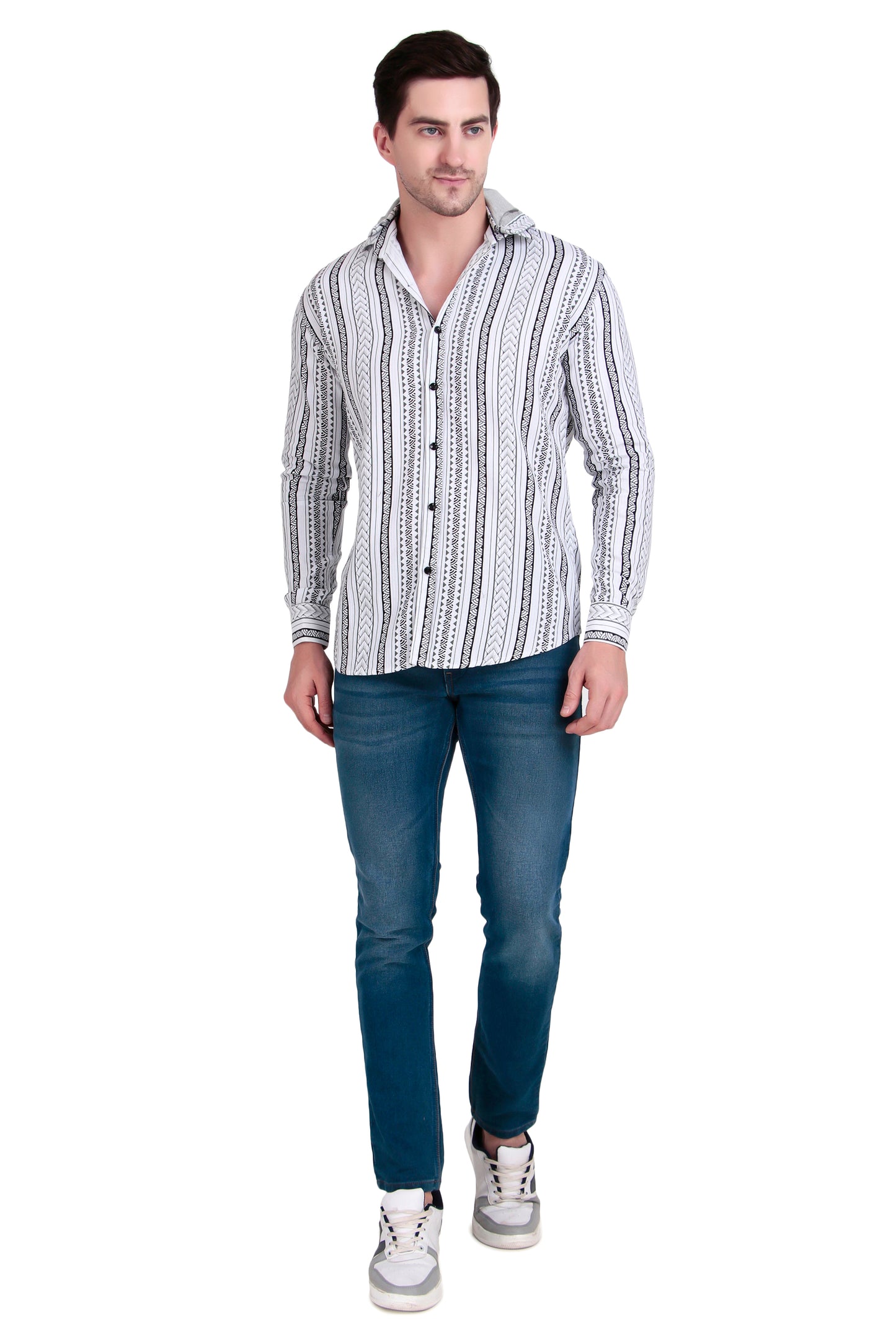 Men's marble white Cotton Striped Shirt With Detachable Hoodie
