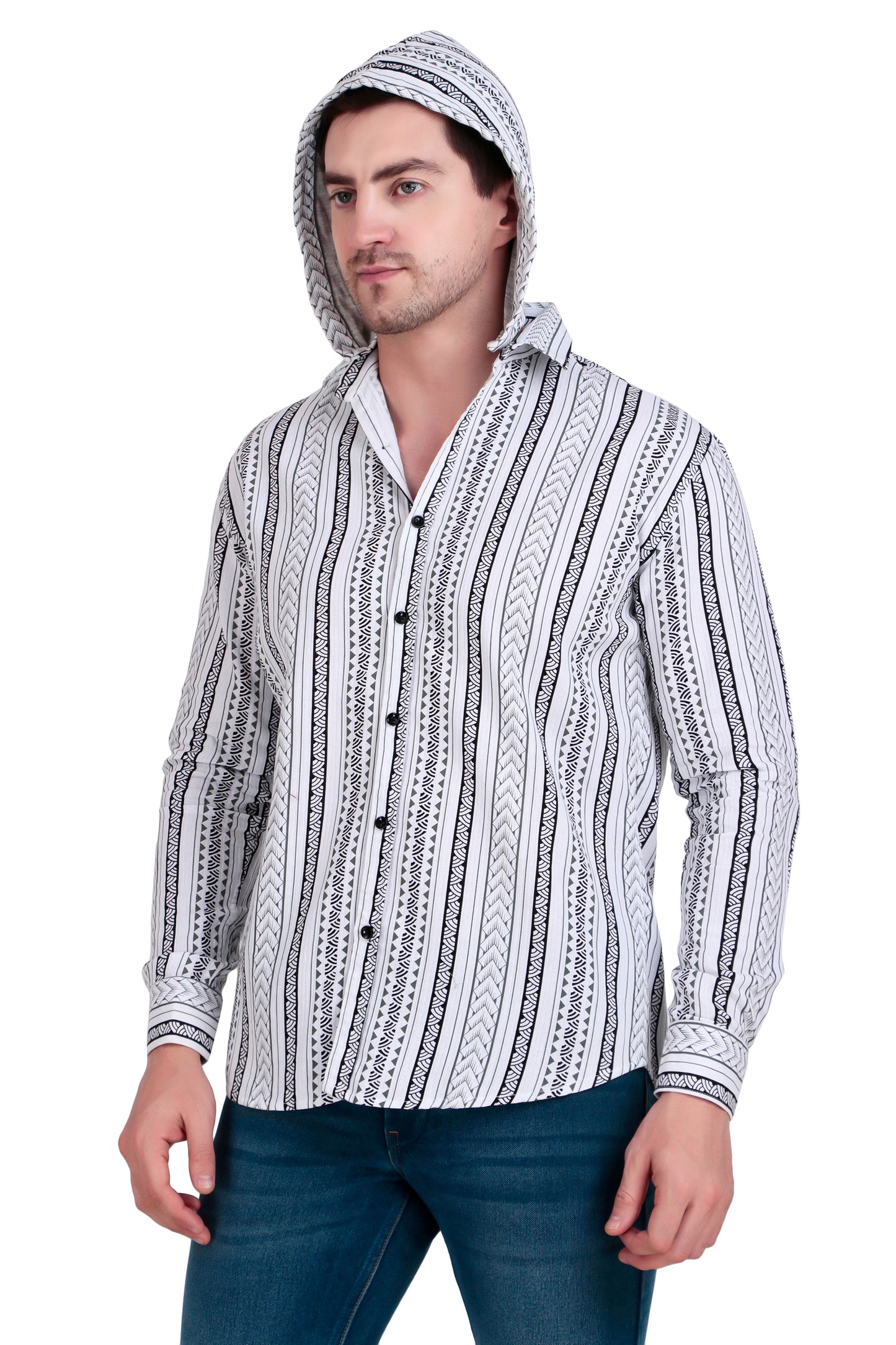 Men's marble white Cotton Striped Shirt With Detachable Hoodie