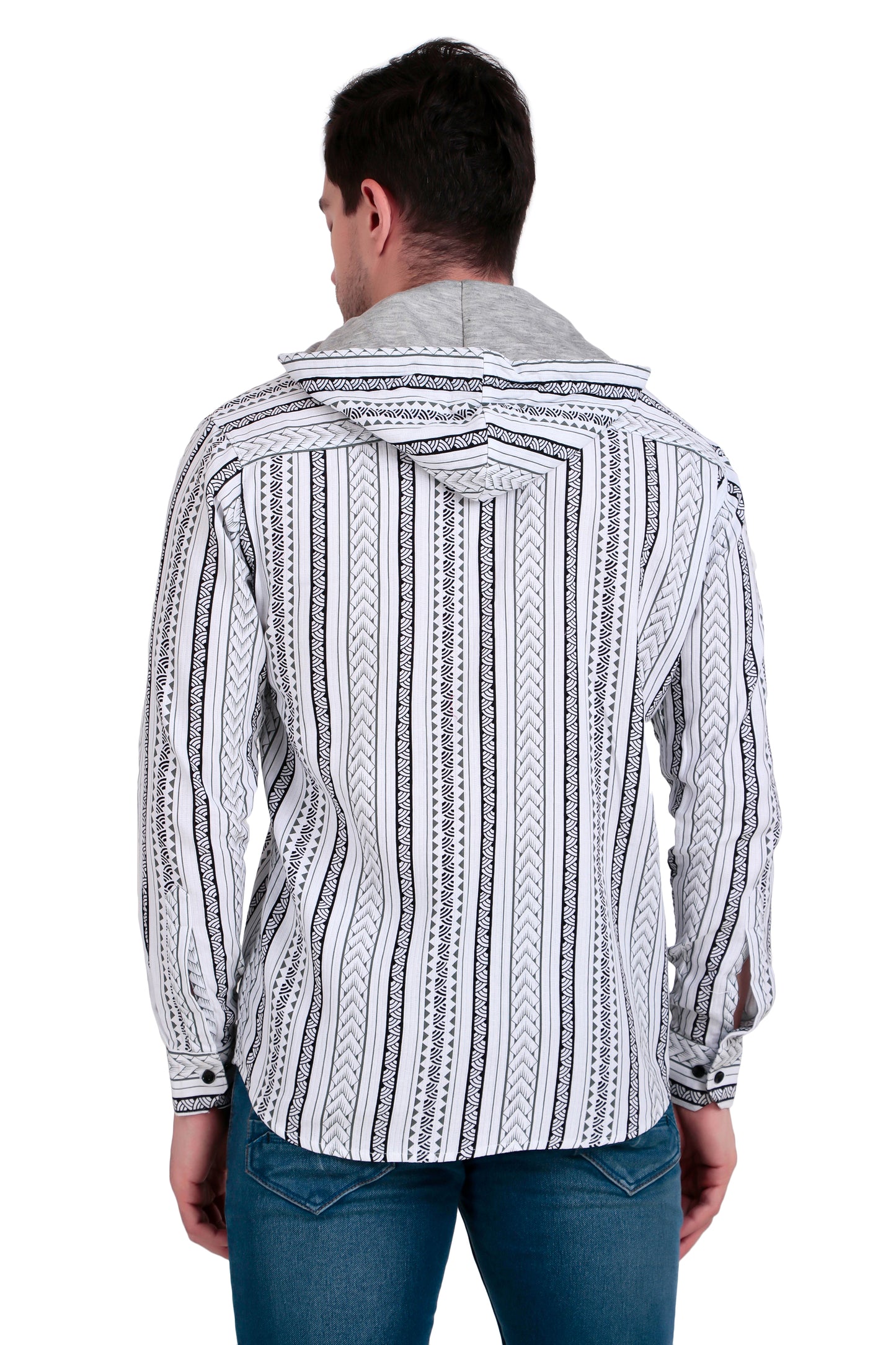 Men's marble white Cotton Striped Shirt With Detachable Hoodie
