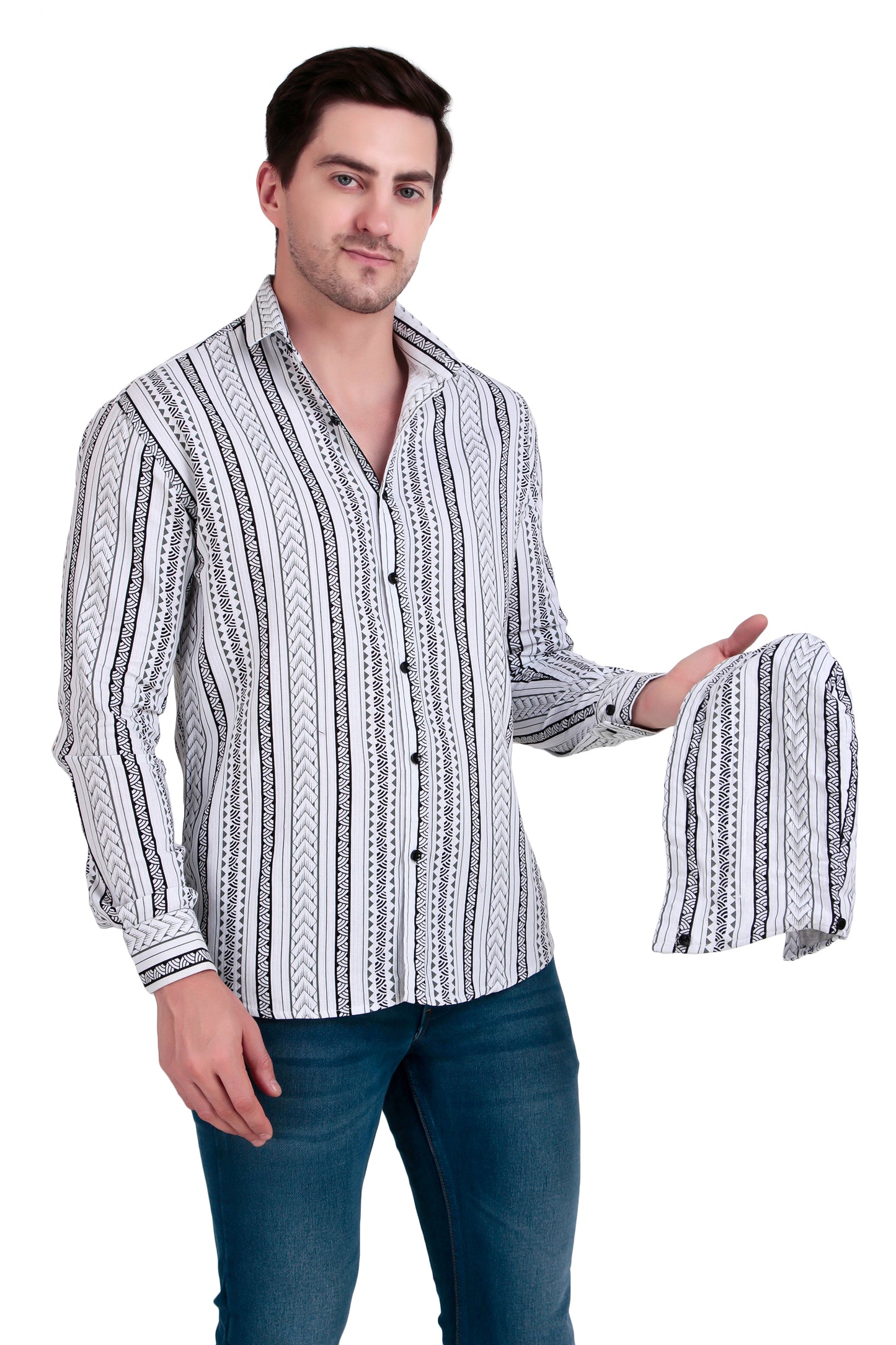 Men's marble white Cotton Striped Shirt With Detachable Hoodie