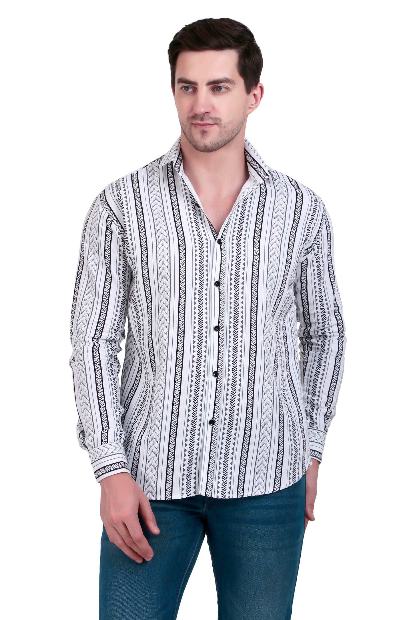 Men's marble white Cotton Striped Shirt With Detachable Hoodie