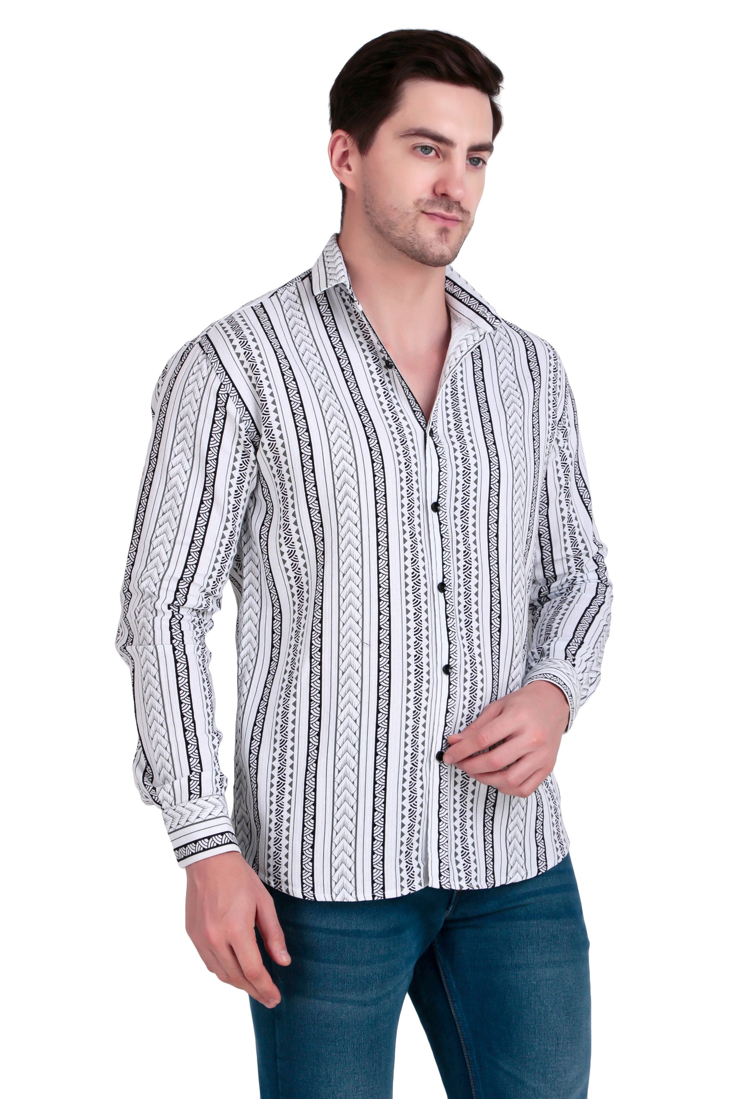 Men's marble white Cotton Striped Shirt With Detachable Hoodie