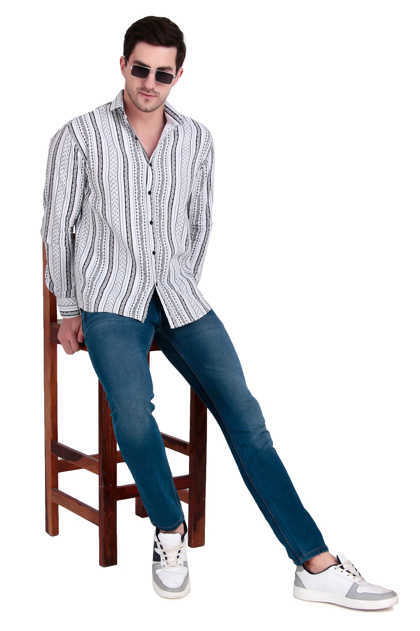 Men's marble white Cotton Striped Shirt With Detachable Hoodie