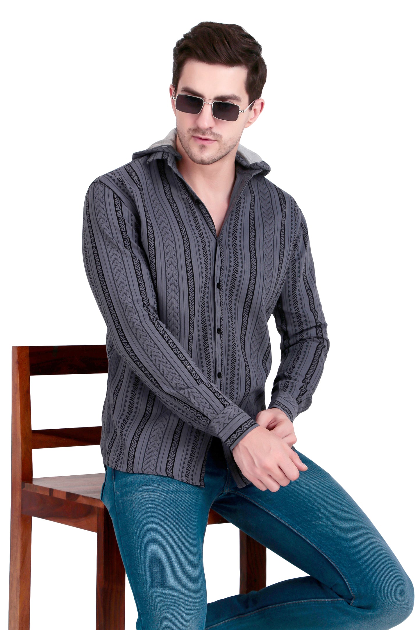 Men's Slate grey Cotton Striped Shirt With Detachable Hoodie