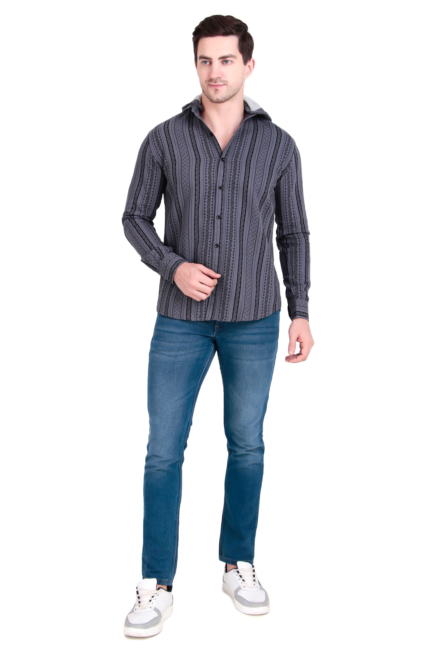 Men's Slate grey Cotton Striped Shirt With Detachable Hoodie