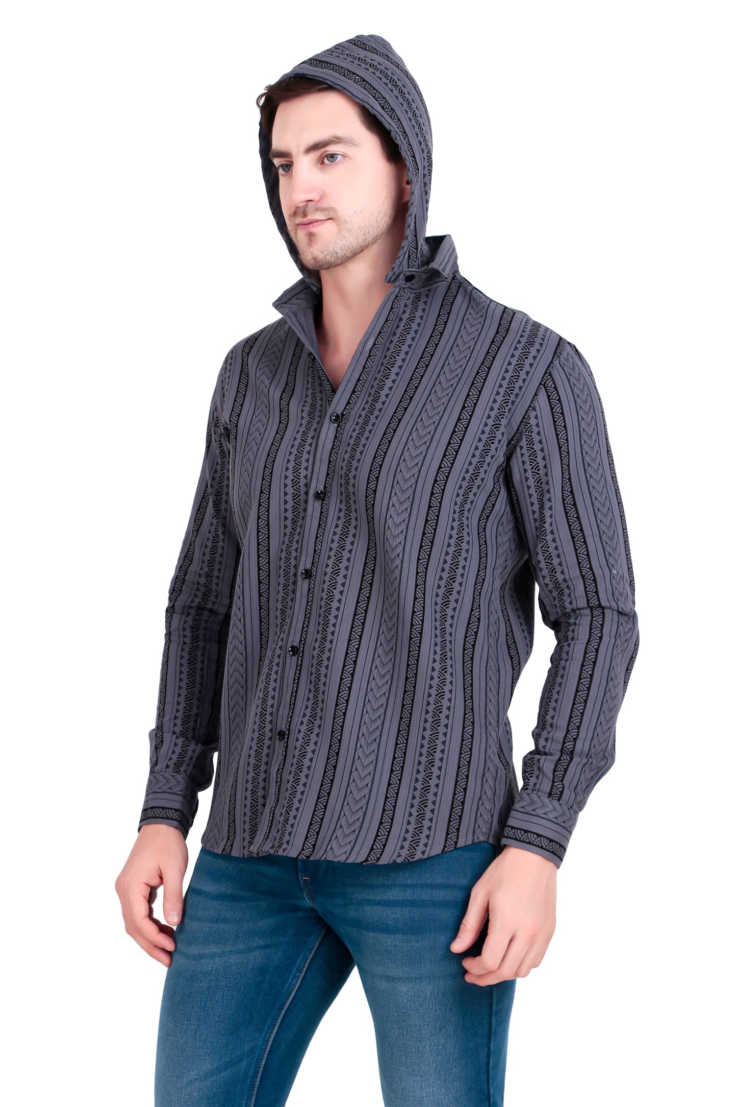 Men's Slate grey Cotton Striped Shirt With Detachable Hoodie