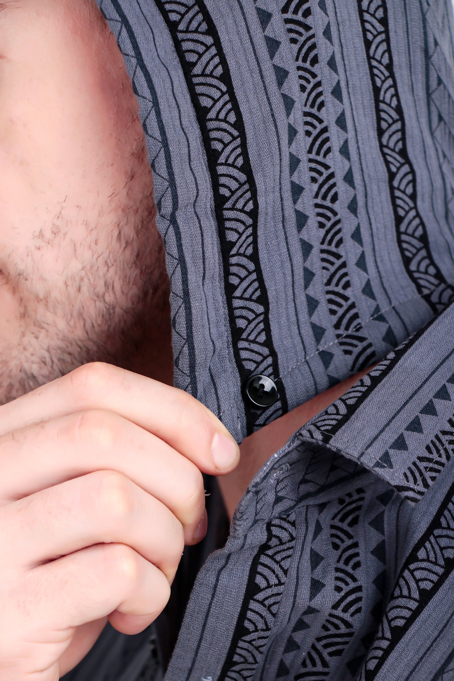 Men's Slate grey Cotton Striped Shirt With Detachable Hoodie
