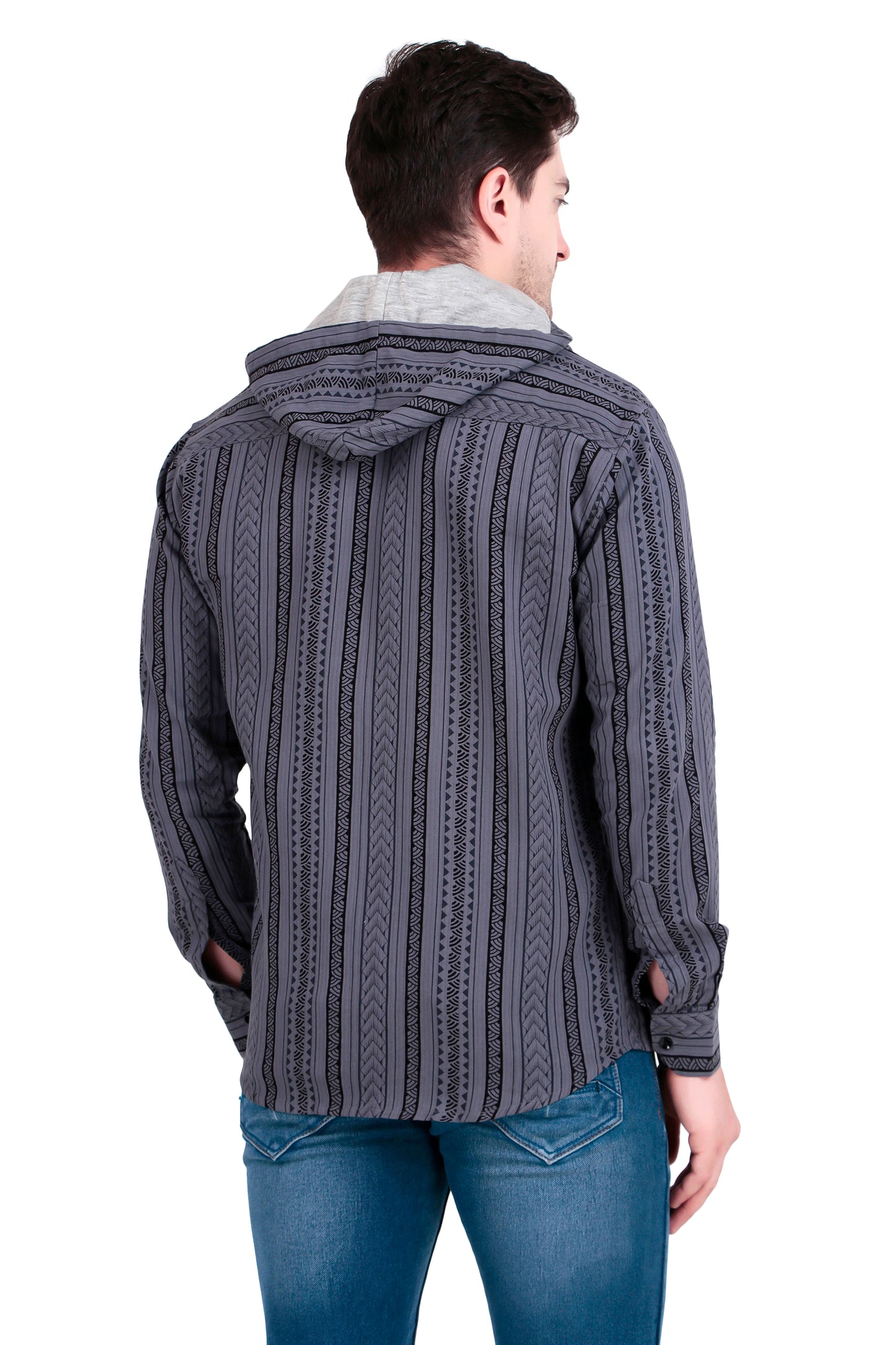 Men's Slate grey Cotton Striped Shirt With Detachable Hoodie