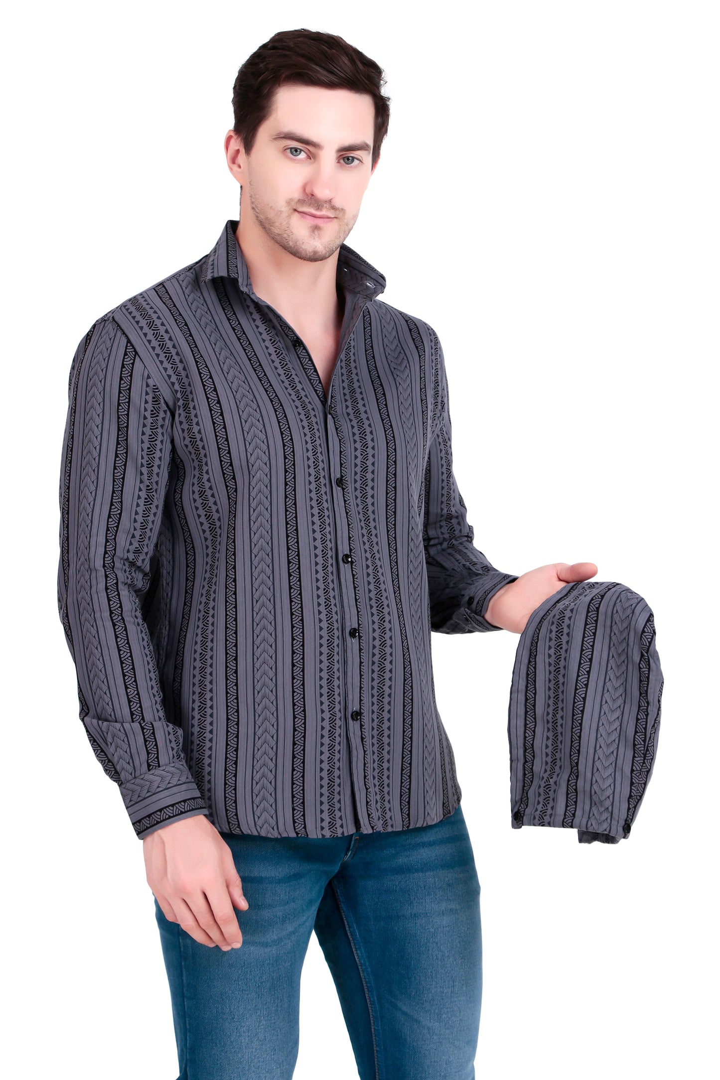 Men's Slate grey Cotton Striped Shirt With Detachable Hoodie