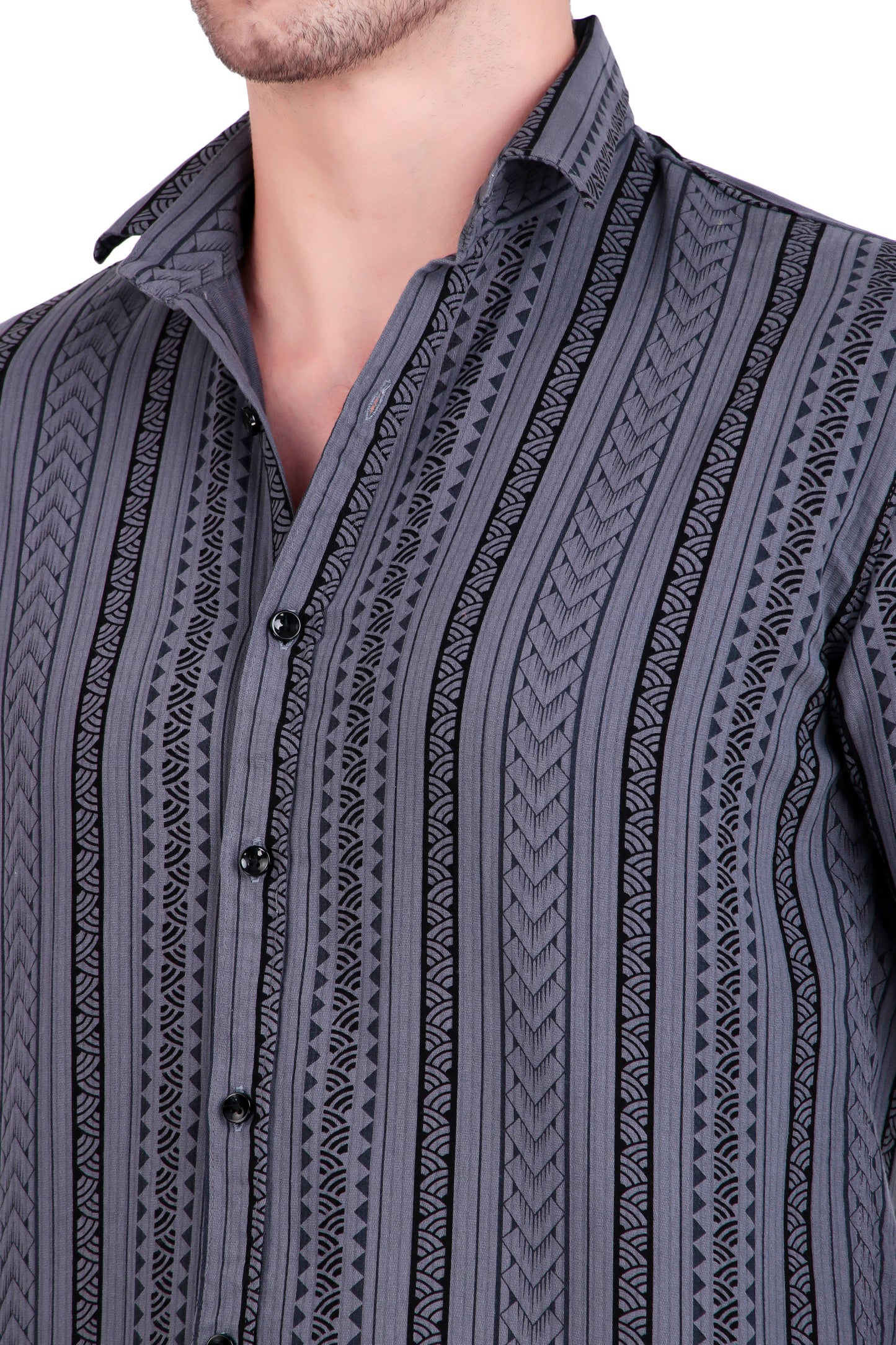Men's Slate grey Cotton Striped Shirt With Detachable Hoodie