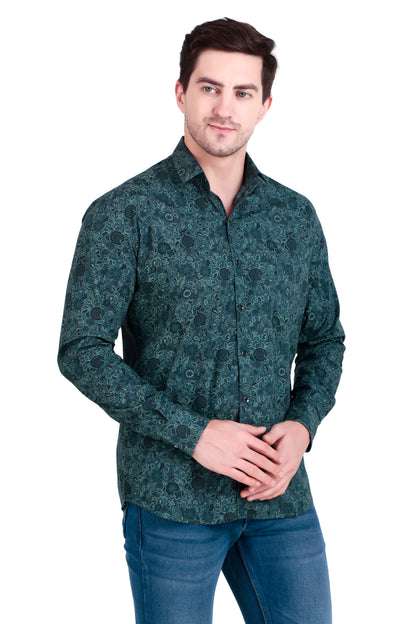Regular Fit Green Floral Satin Shirt