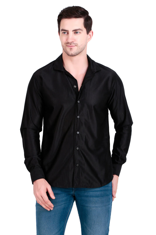Code Textured Cuban Collar Black Shirt