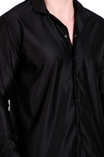 Code Textured Cuban Collar Black Shirt