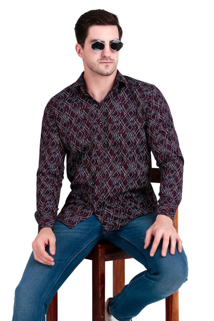 Men’s Wine Satin Shirt with Criss-Cross Print with Regular Fit