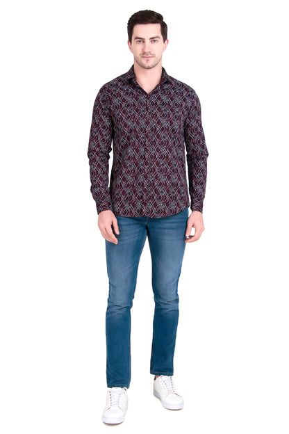 Men’s Wine Satin Shirt with Criss-Cross Print with Regular Fit