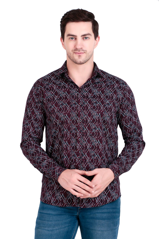Men’s Wine Satin Shirt with Criss-Cross Print with Regular Fit