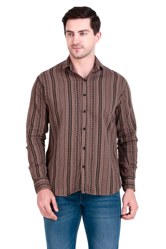 Men's Brown Cotton Striped Shirt With Detachable Hoodie