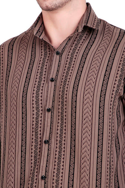 Men's Brown Cotton Striped Shirt With Detachable Hoodie