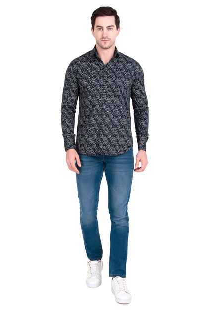 Men’s Satin Shirt with Criss-Cross Print with Regular Fit