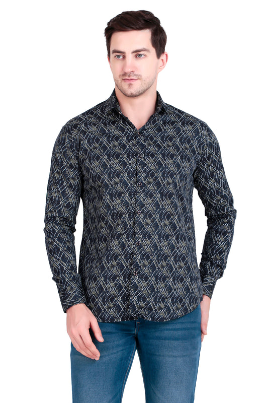 Men’s Satin Shirt with Criss-Cross Print with Regular Fit
